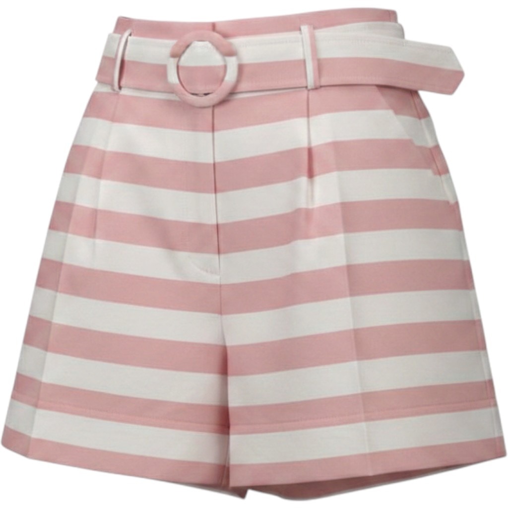 Aura Pink White Striped Belted High Waist Shorts Lwp1136-Rd Small